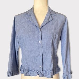 Faded Glory Women’s 3/4 Ruffle Hen Sleeve Button Down Shirt Blue Checker Top S